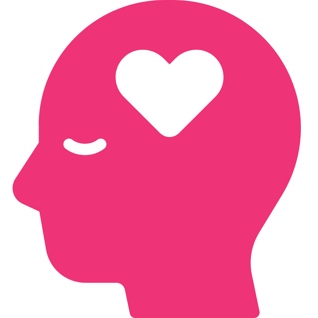 An illustrated pink head with a heart in the middle