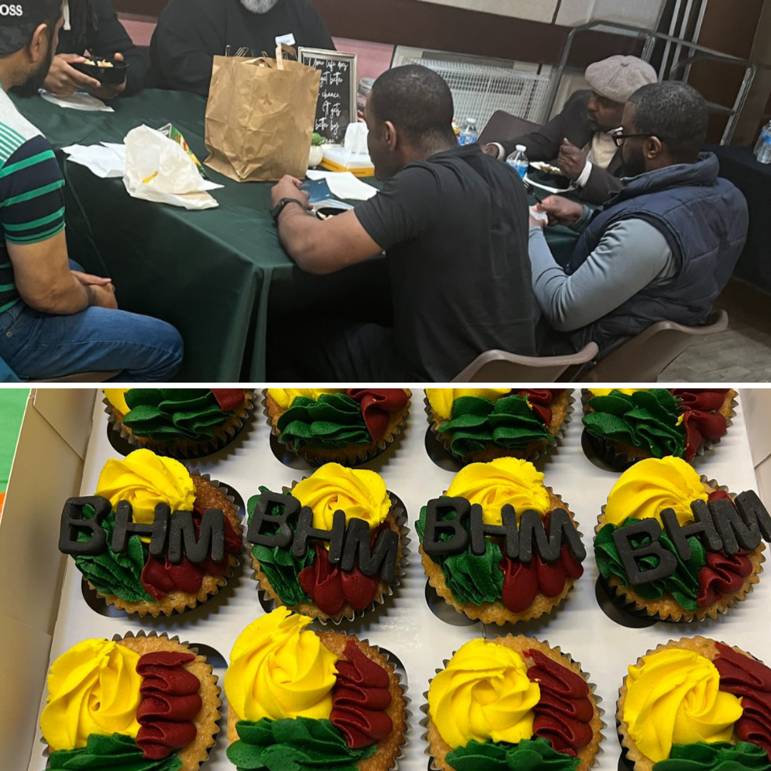 Black men sit journaling, below them is Black History Month cupcakes