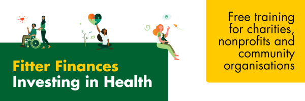 Four illustrated people sit atop a green shape: a black man sits in a wheelchair pushed by an Asian woman in a headscarf, a black woman holds up a jigsaw heart and a white woman sits with a dog on her lap. Text reads Fitter Finances Investing in Health